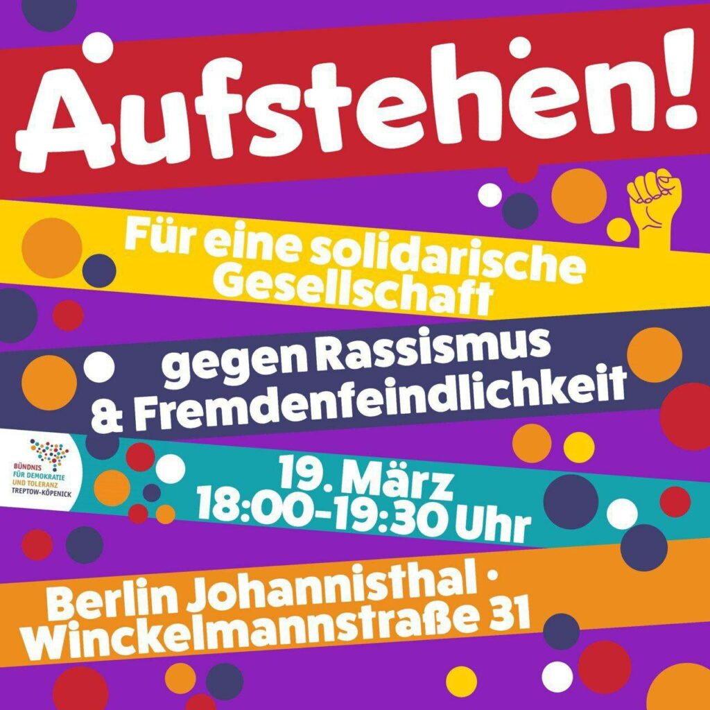 Ankündigung der Kundgebung gegen die AfD-Bezirkszentrale am 19. März 2024 um 18:00 Uhr in Berlin-Johannisthal.
