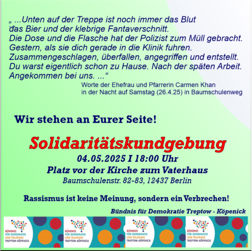 Kein Raum für Rassismus in unserem Bezirk. Treptow-Köpenick zeigt Solidarität!